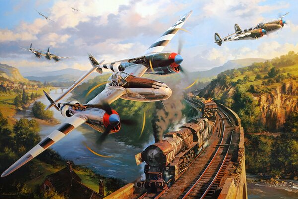 Imagen de viejos aviones y trenes. Imagen de la guerra. Aviones militares antes