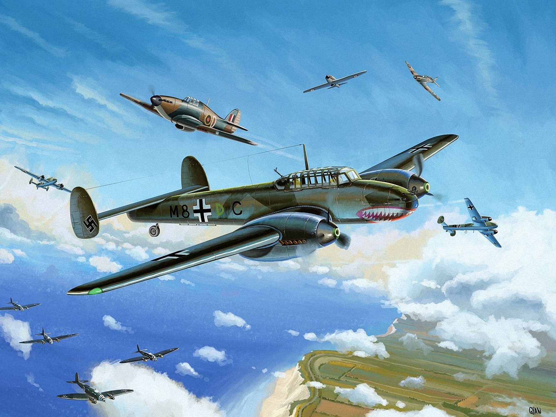 batalla de gran bretaña ww2 arte guerra pintura combate cuerpo a cuerpo huracán bf 110 él 111 dover