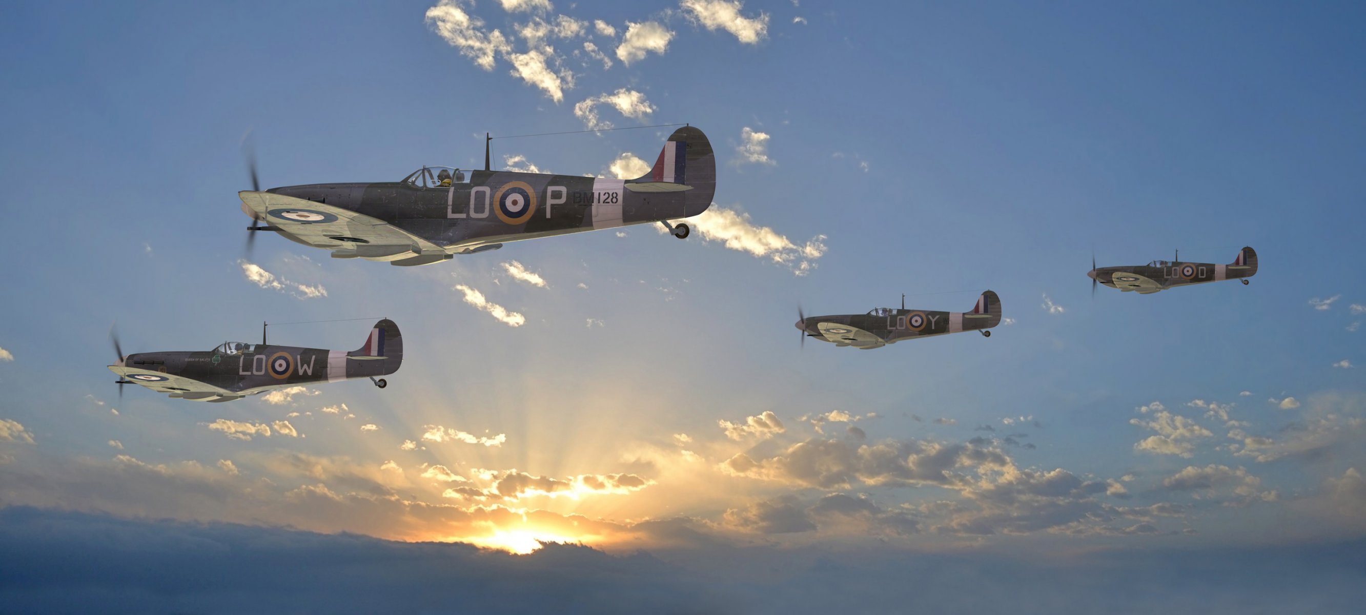 himmel supermarine spitfire britisch kämpfer wolken sonne strahlen ww2 zeichnung