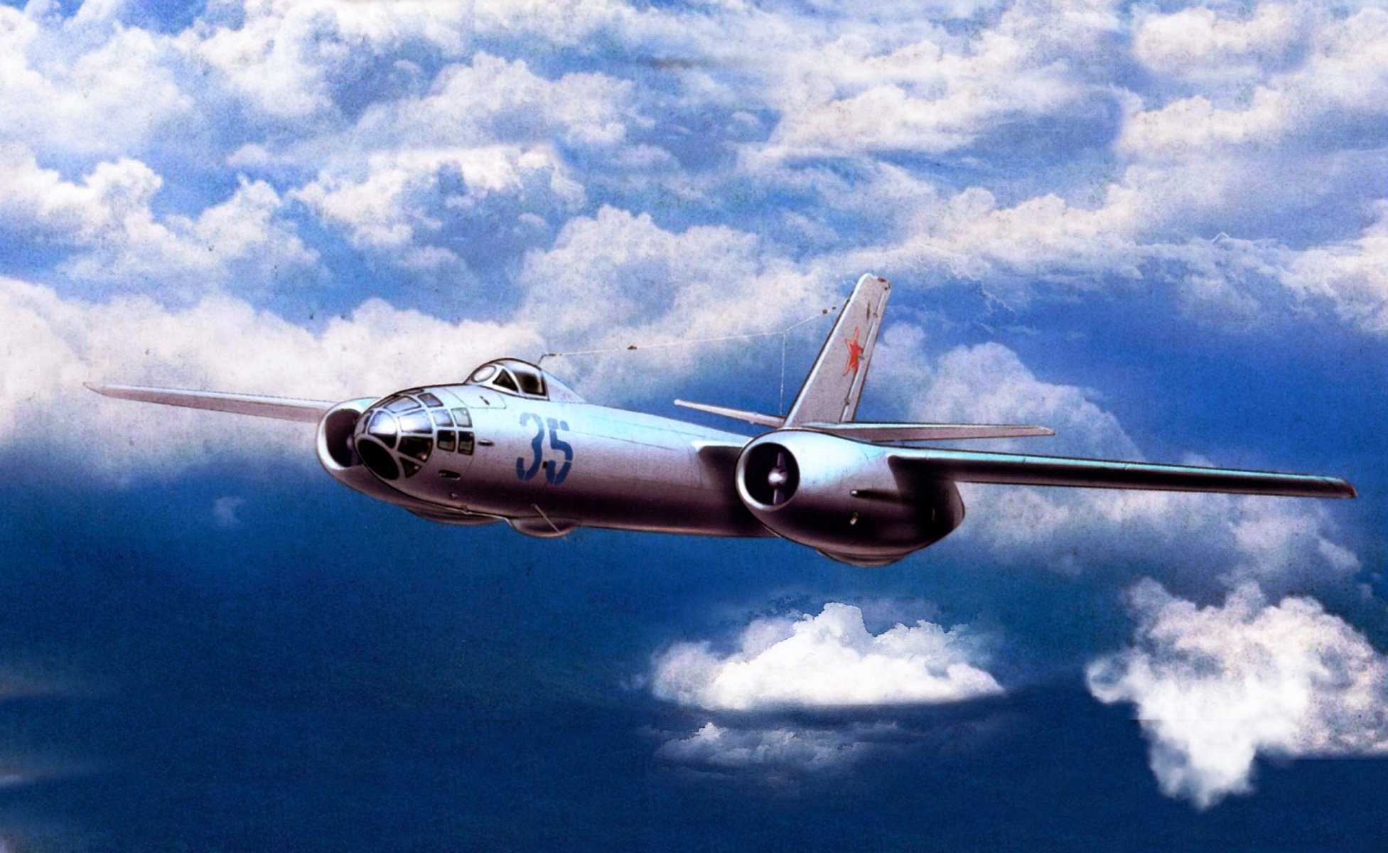 il-28 hound bomber scout ilyushin aviation art sky clouds wings flight