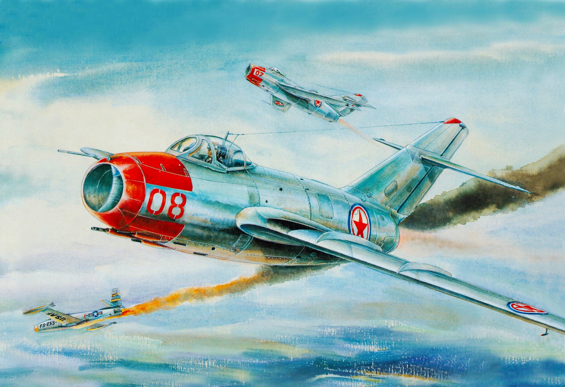 mig-15 basson f-86 combattant mikoyan gurevich ciel corée art dessin nez vol abattu guerre