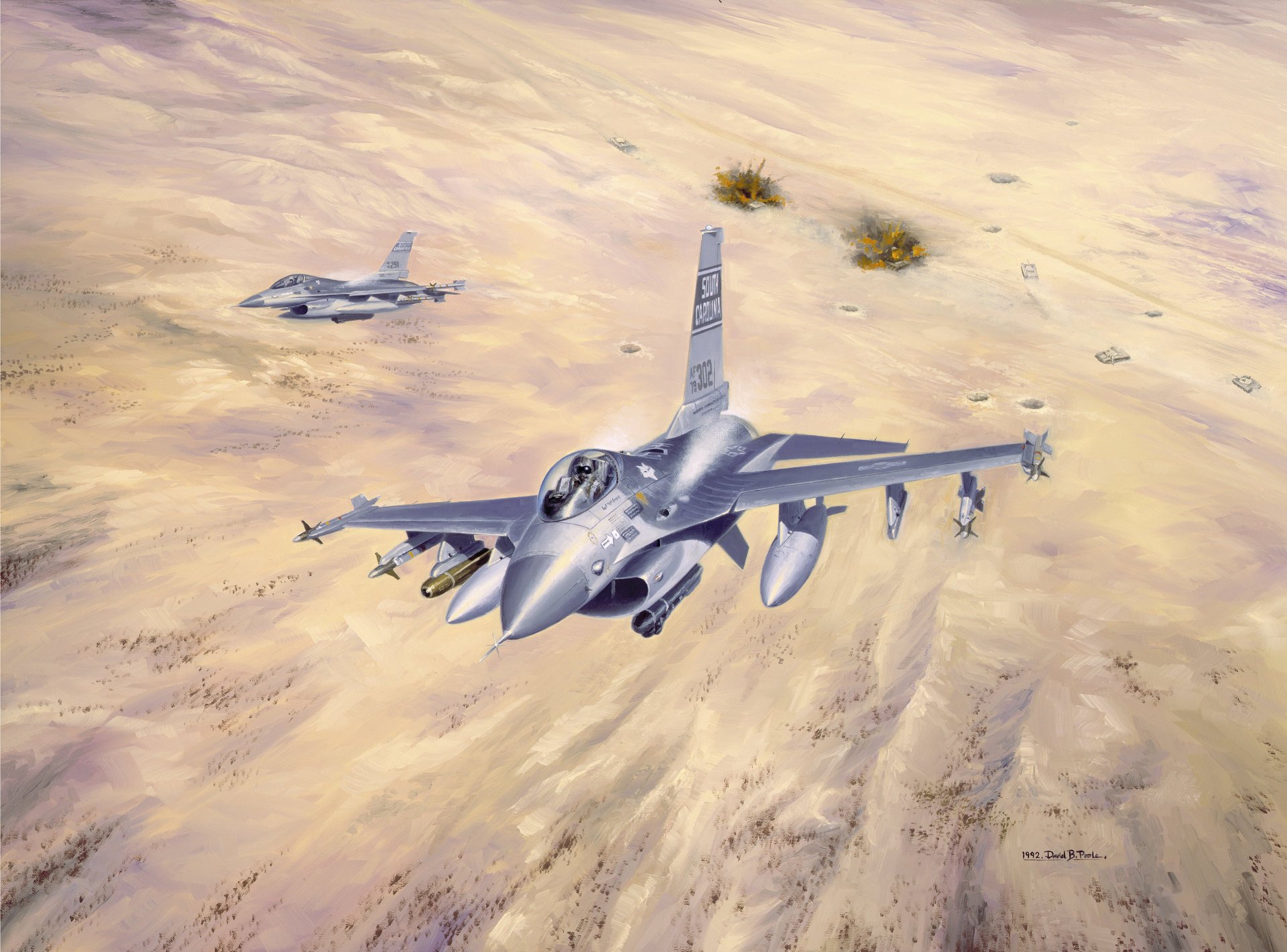 art koweït tempête du désert opération ciel f16a multifonction avions de chasse terre explosions irakien véhicules blindés dessin