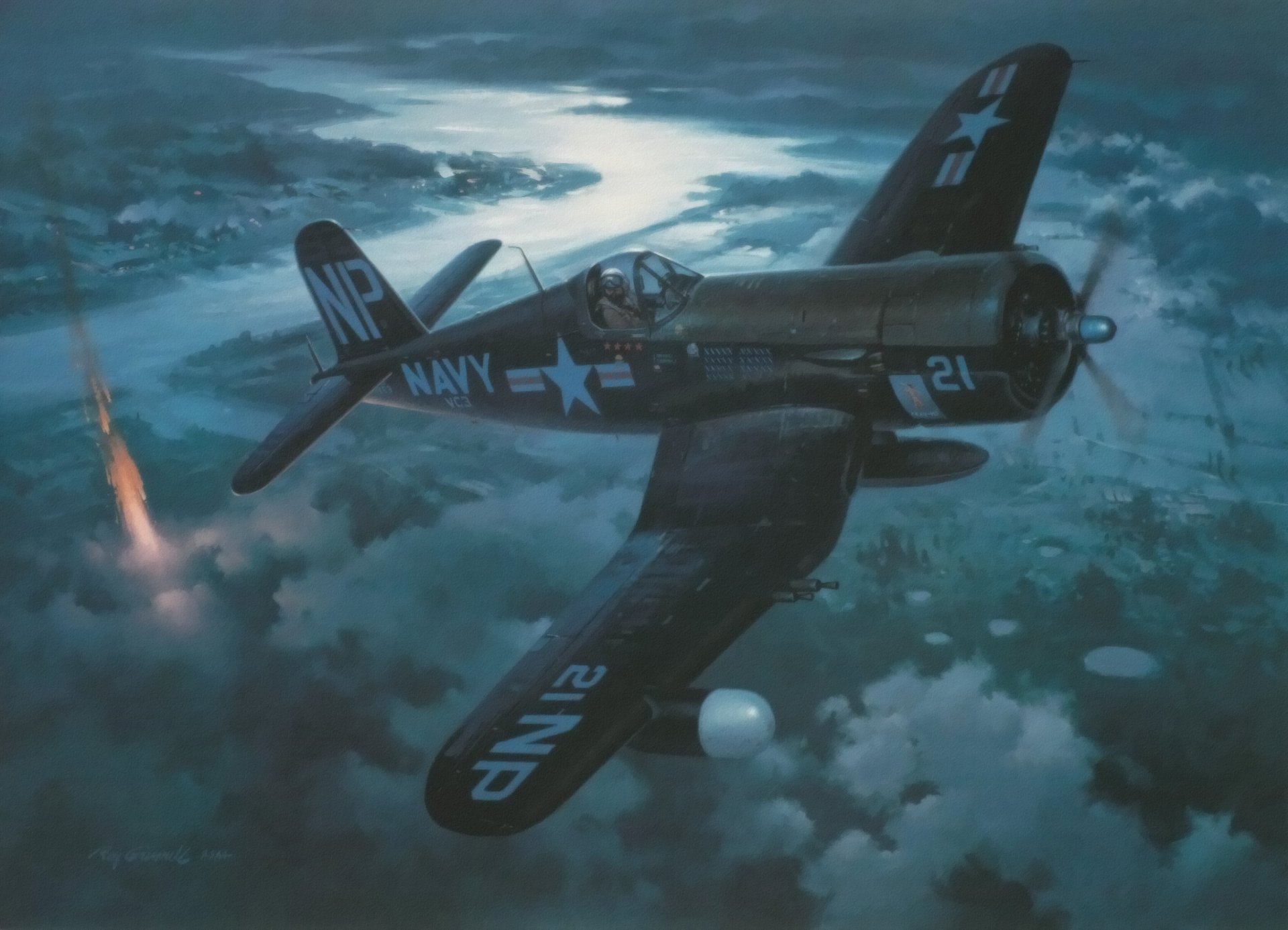 vout f4u corsair luchador del pacífico ww2 guerra arte pintura avión roy grinnell