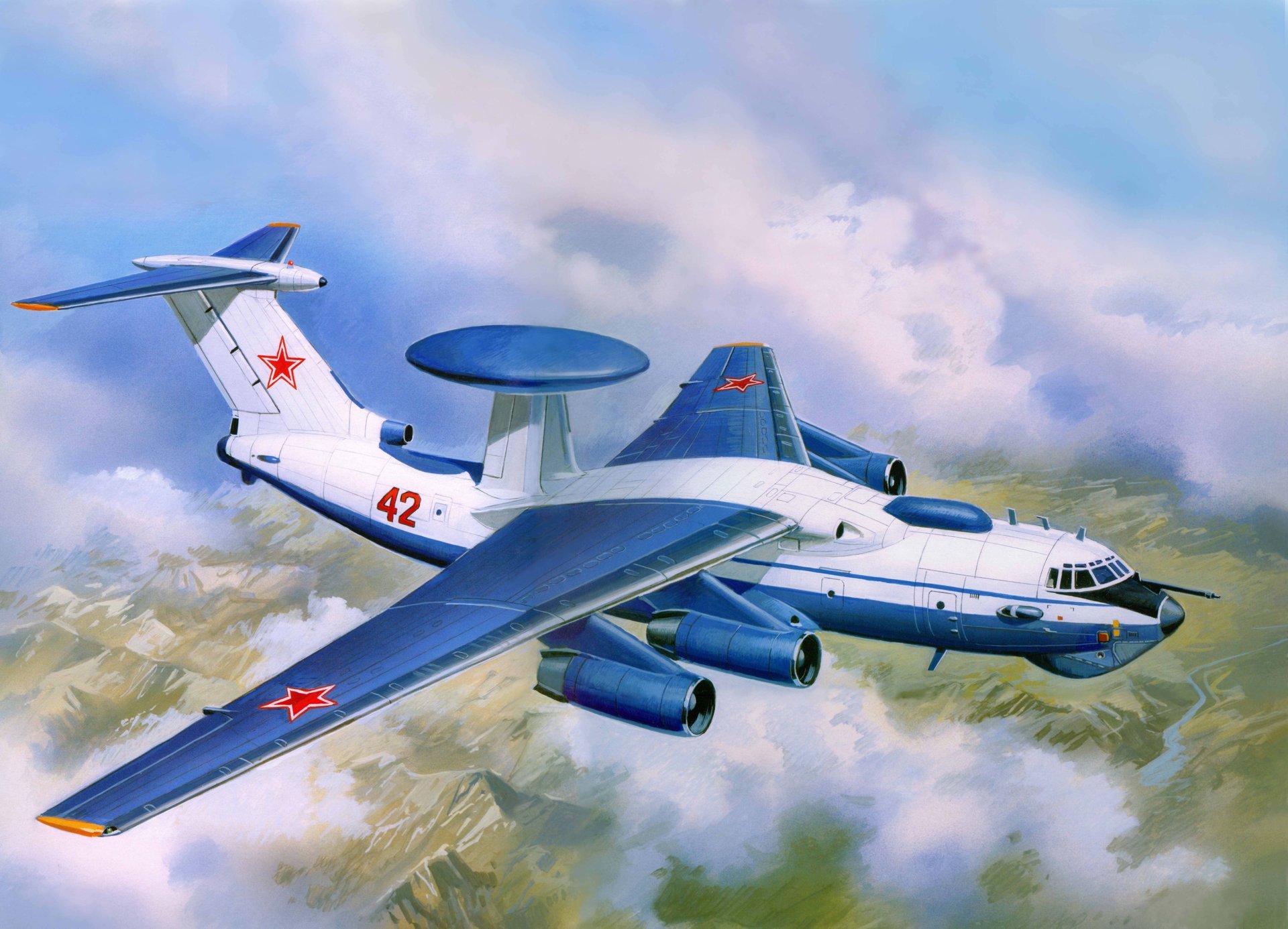 arte avión a-50 control complejo abejorro equipado equipo radiotécnico reconocimiento drlo de largo alcance radar detección okb beriev urss rusia