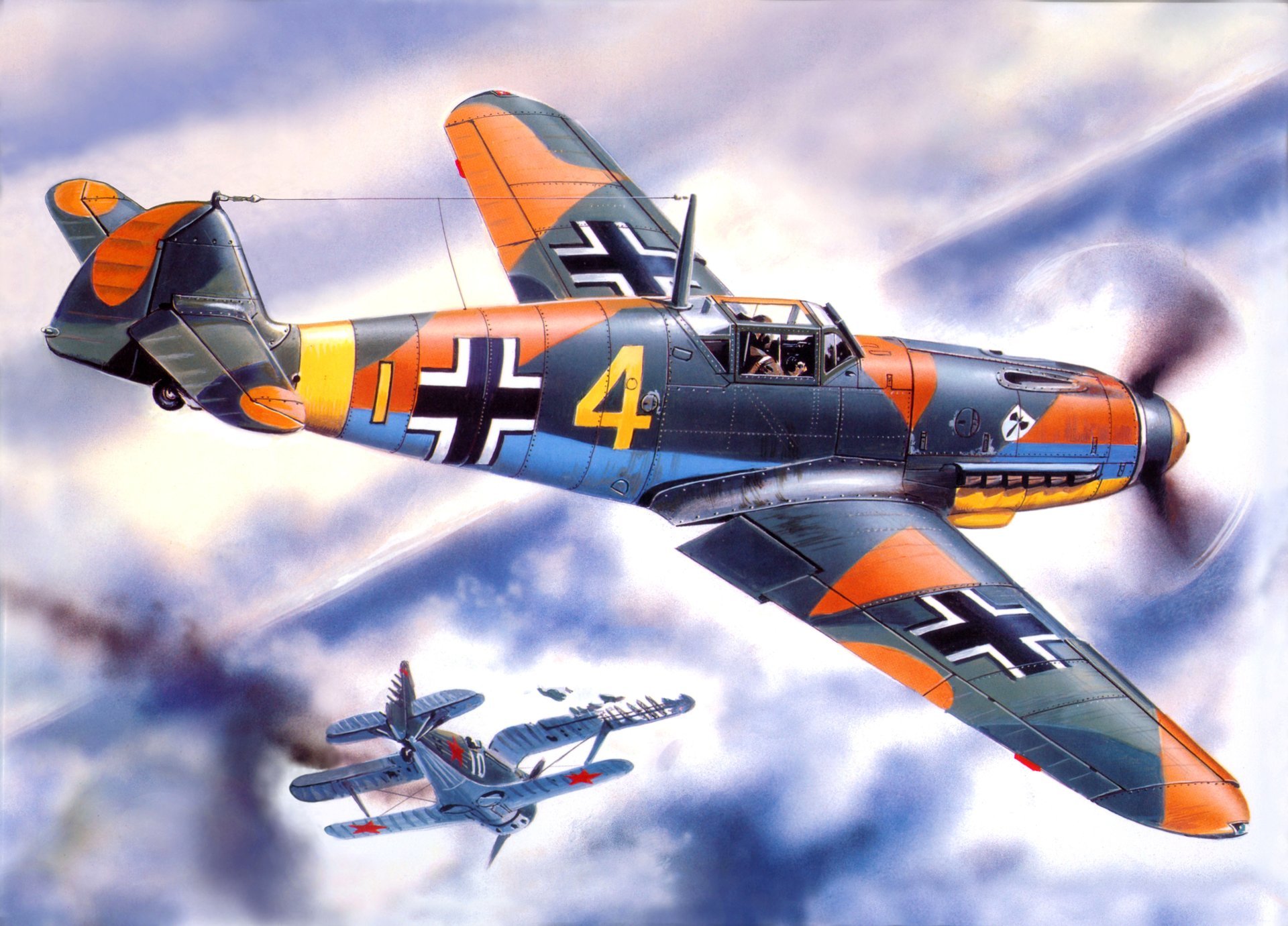 arte bf-109 f4 alemán caza derribado i-153 gaviota soviético caza biplano guerra cielo aéreo combate dibujo