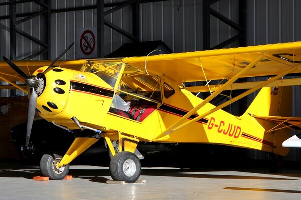 Ein kleines Flugzeug. Ein gelbes Flugzeug. Kleinflugzeug. Ein amerikanisches Flugzeug. Flugzeug mit klappbaren Flügeln