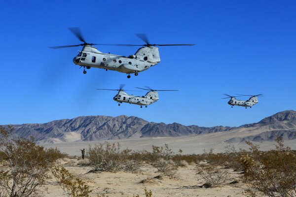 Military transport helicopters over mountains with sand and bushes