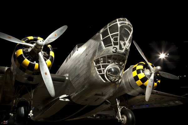 An old twin-engined bomber. Bottom front view