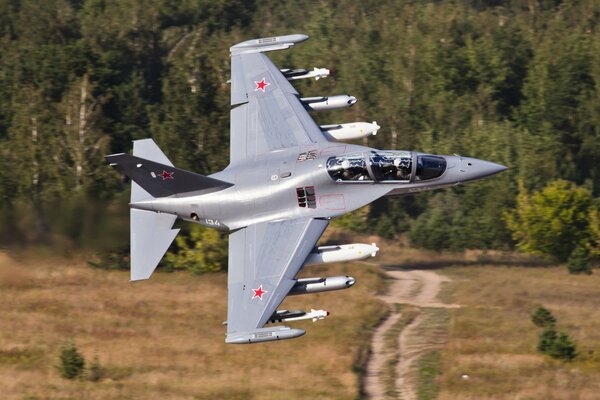 Ein grauer Kämpfer fliegt über Feld und Wald