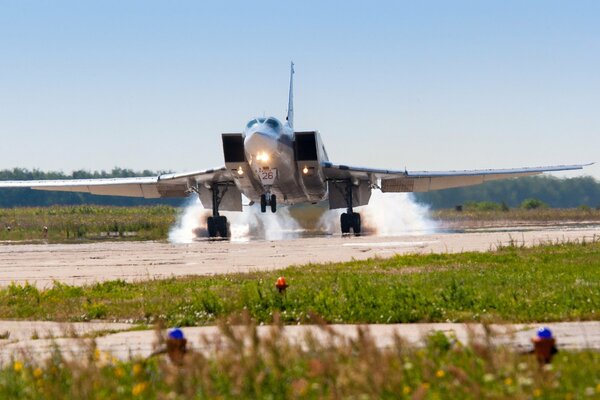 A bomber missile carrier on the runway