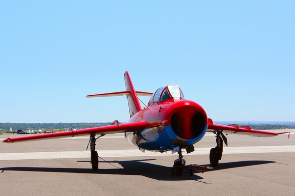 MIG-17 jet fighter standing on the ground front view