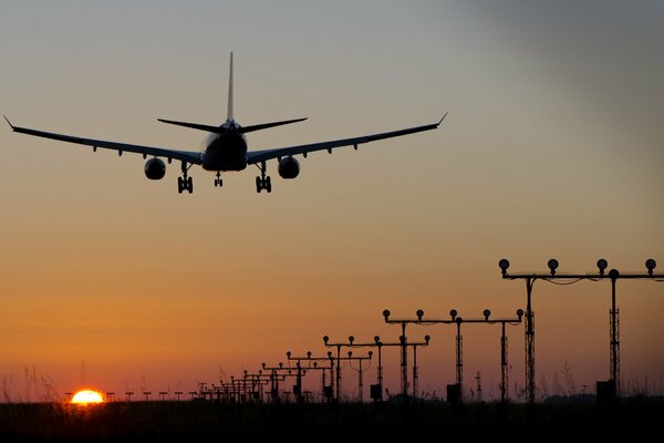 Beautiful photo of the plane. The plane is landing. The plane at sunset