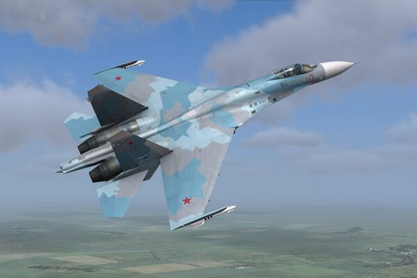 Myśliwiec Su-27 leci na tle nieba
