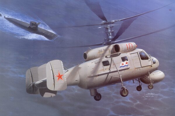 Sowjetischer U-Boot-Hubschrauber fliegt über U-Boot