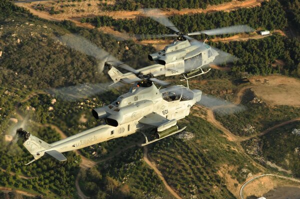 Un par de helicópteros militares volando sobre el Suelo