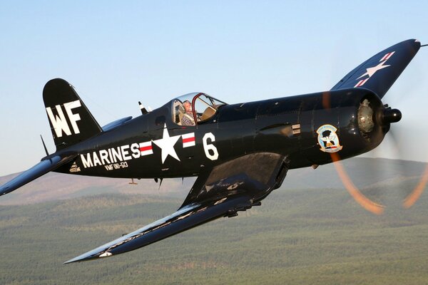 Fighter-plane in the air over the field