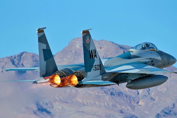 Avión de combate en el aire vista trasera con motores en llamas