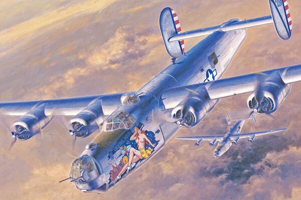 An American bomber is flying in the sky