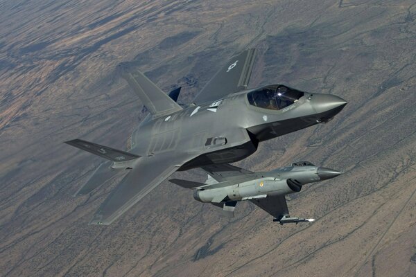 American F-35 and f-16 fighters in the air