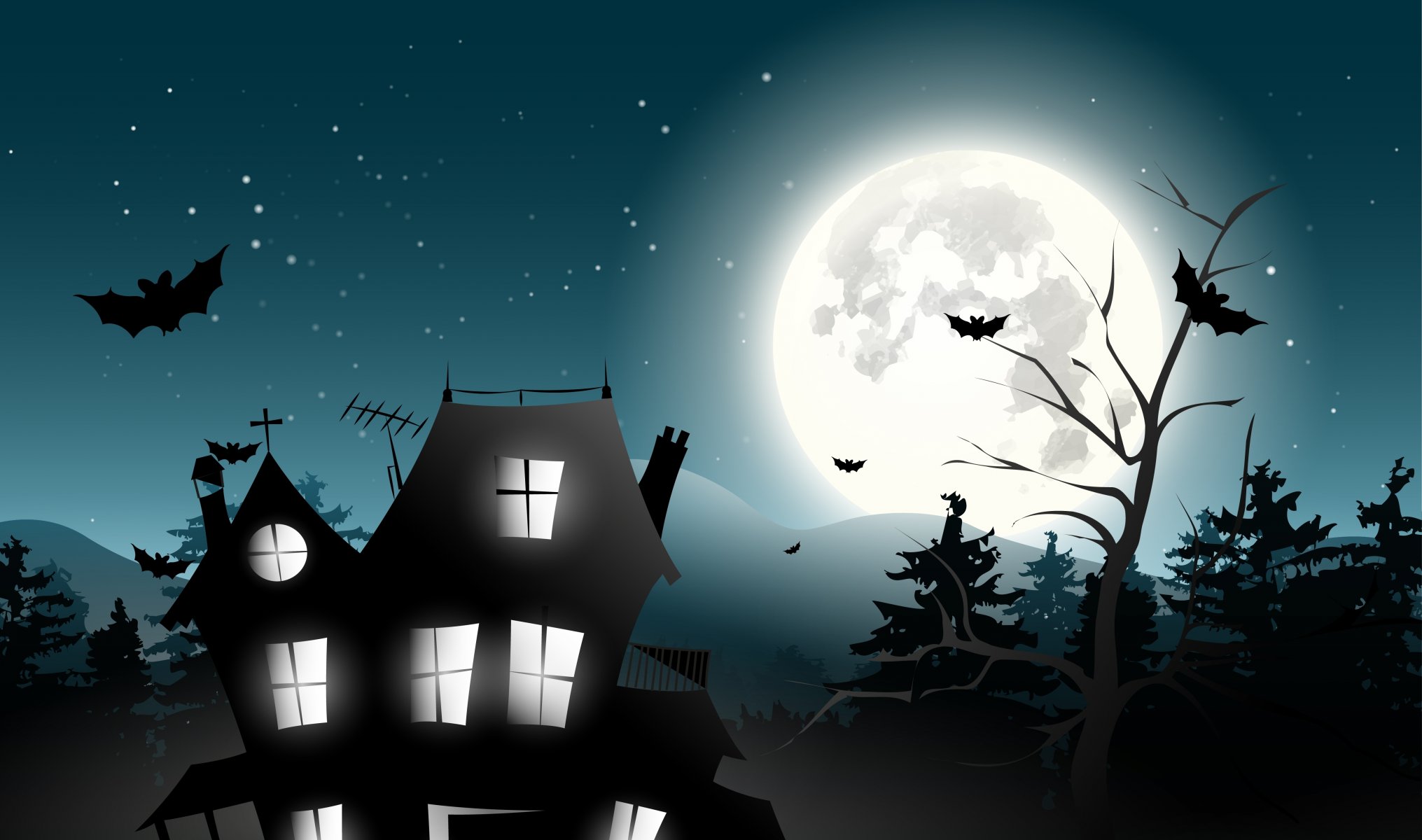 vacances d halloween maison effrayante horreur fantasmagorique pleine lune château arbres chauve-souris vecteur minuit maison effrayante fantasmagorique vecteur