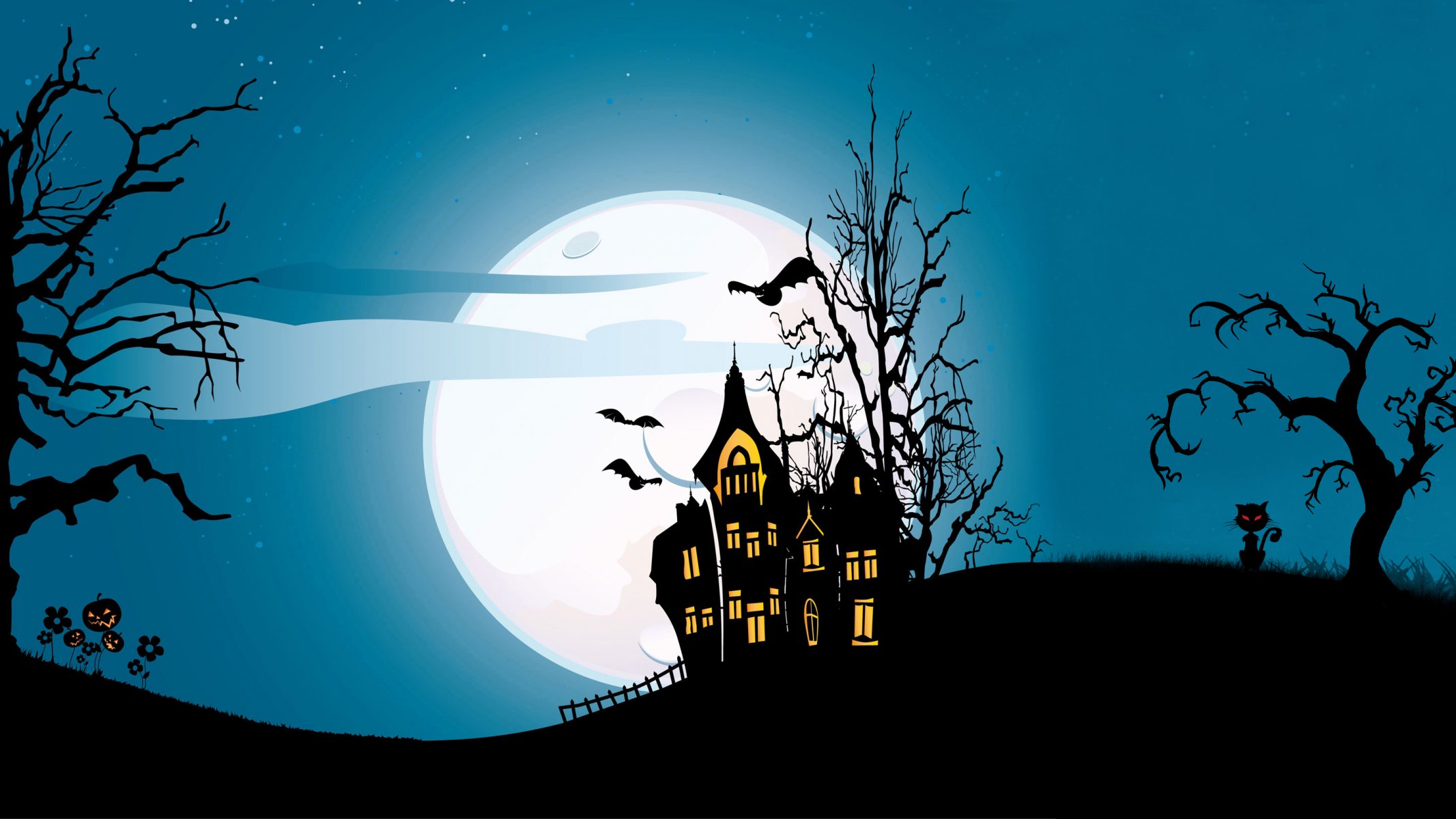 halloween urlaub unheimlich haus horror gruselig vollmond schloss bäume fledermaus vektor böse kürbis spooky katze mitternacht unheimlich haus gruselig böse kürbis gespenstisch katze