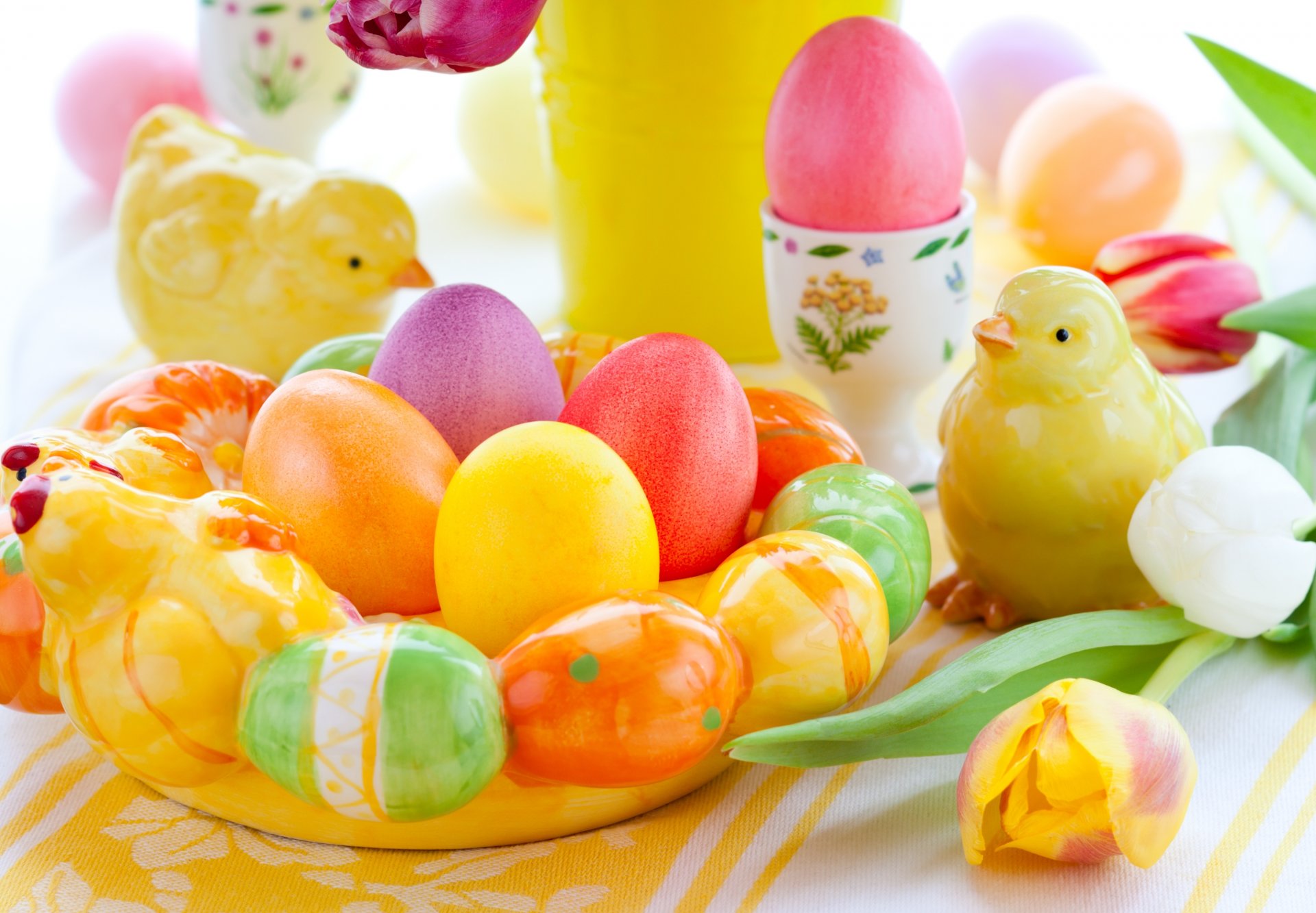 easter eggs easter figurines chickens tulips holiday spring