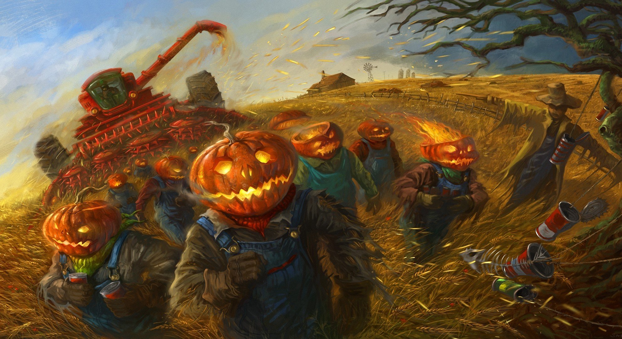 art halloween the field vintage pumpkin cereals workers scarecrow processor banks brigade wheat