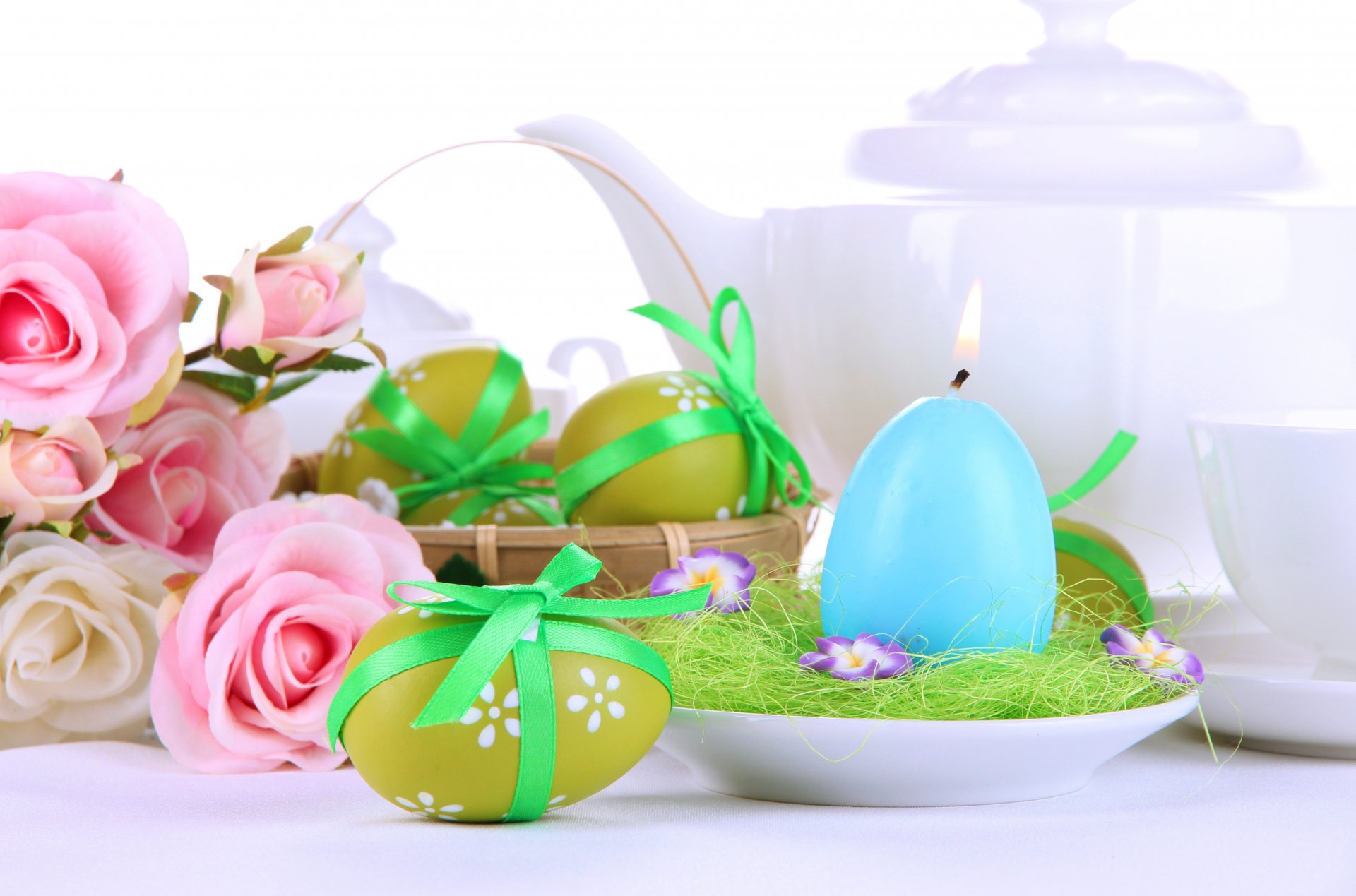 easter holiday spring eggs easter candle kettle flowers rose