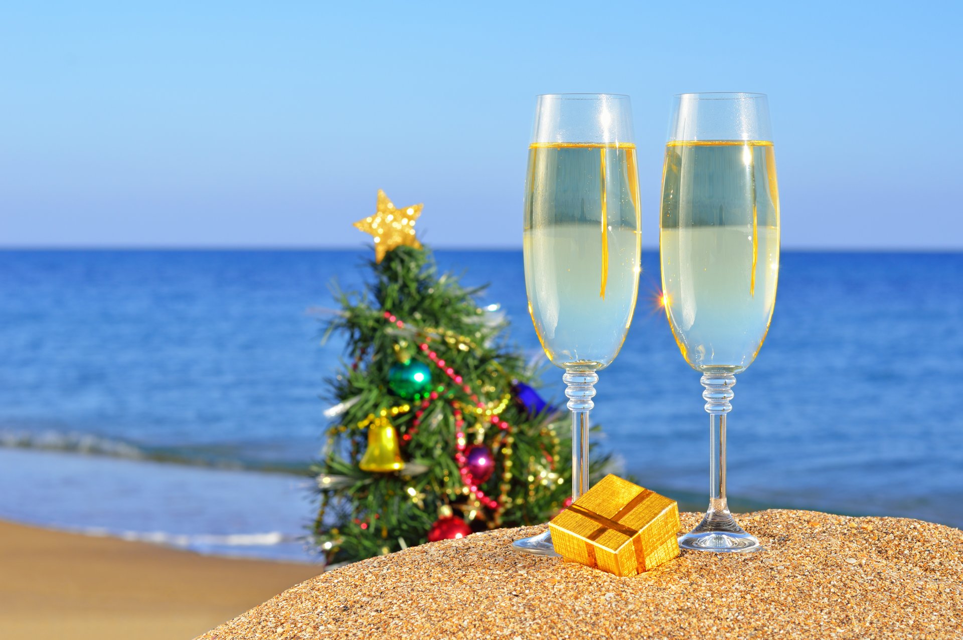 holiday new year sea ocean christmas beach sand glasses present toy