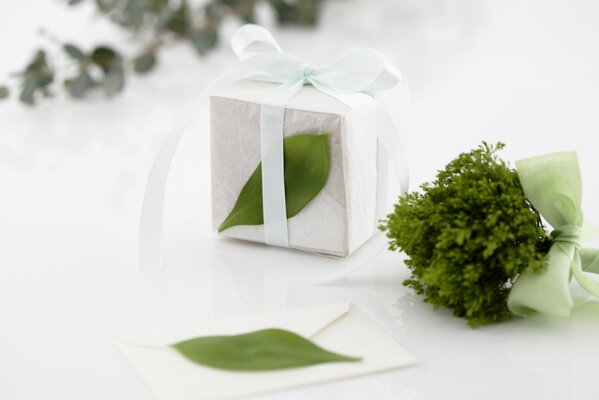 Pudełko z prezentem z białą wstążką i małym bukietem zieleni