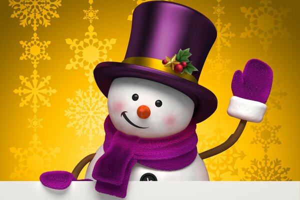 A festive snowman in a purple scarf