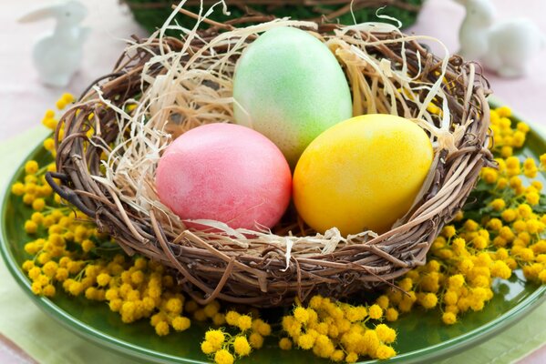 Uova di Pasqua su un piatto in Mimose