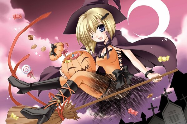 A little witch with a broom and a pumpkin