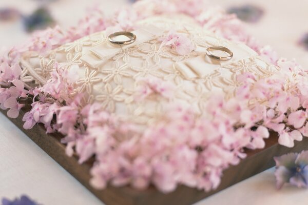 Dos anillos de boda en una almohadilla de flores Rosadas