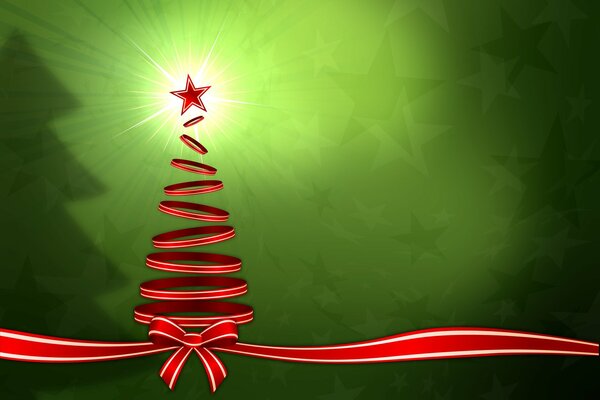 Red ribbon in the shape of a Christmas tree on a green background