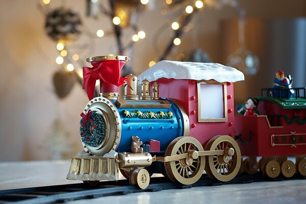 Christmas electric locomotive on rails