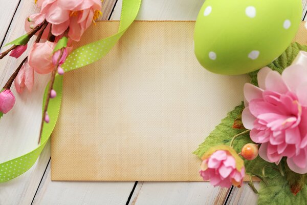 Spring Easter flowers with ribbons and eggs