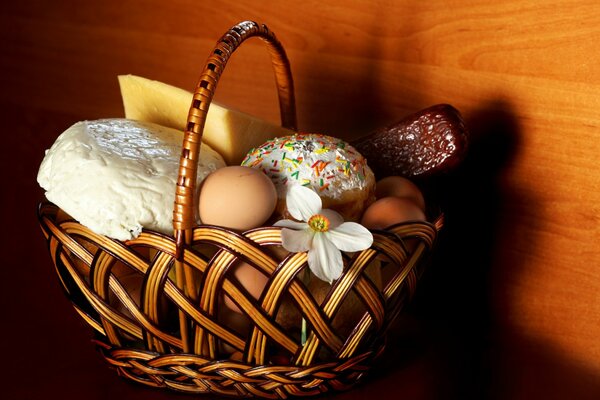 Easter basket with cakes and eggs