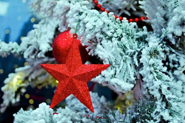 Weihnachtsbaum Spielzeug roter Stern auf einem Ast