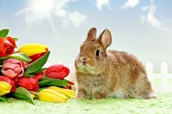 Conejo gris y ramo de tulipanes