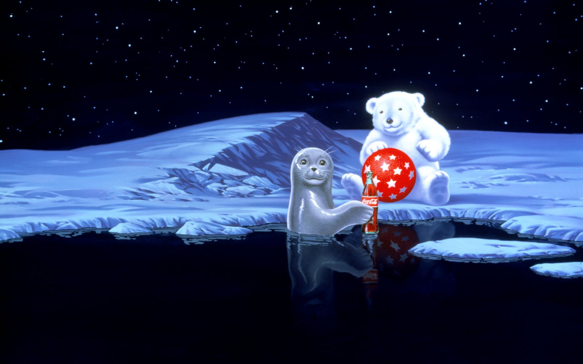 polar oso de peluche sello bola rojo coca-cola nieve agua estrellas coca-cola vacaciones año nuevo oso polar sello invierno