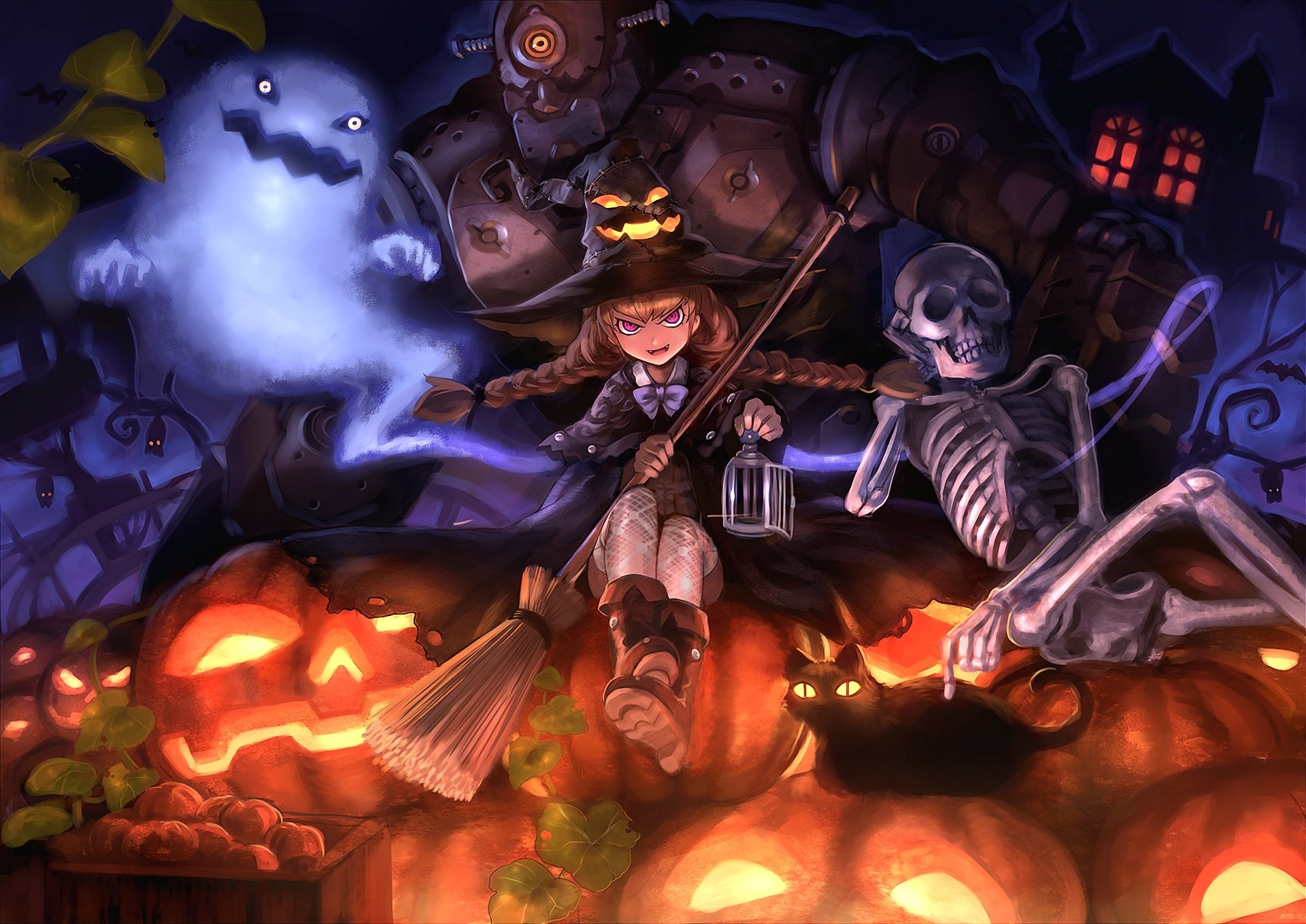 art damin halloween girl witch cat cat pumpkins hat golem skeleton ghost broom