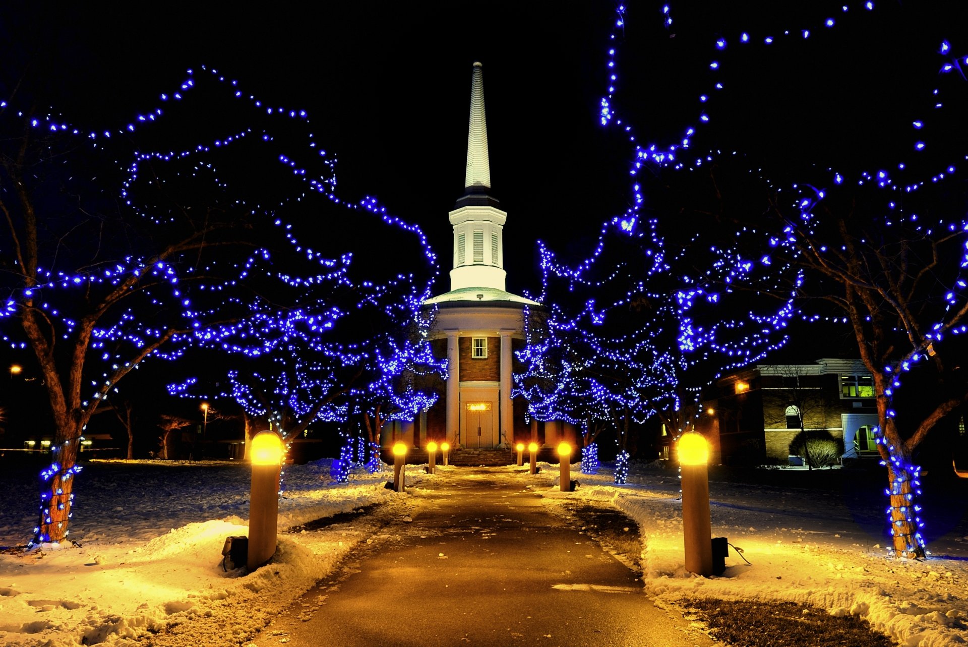 lights new year christmas new year holiday winter snow street night building lanterns lighting