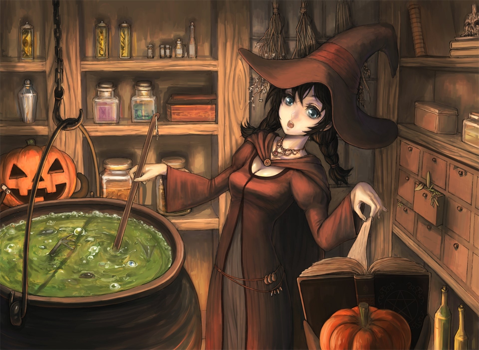 fille sorcière halloween chapeau citrouille infusion livre