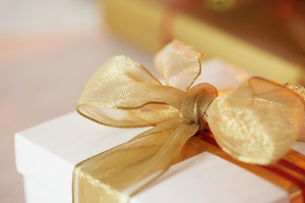 The gift box is tied with a gold ribbon