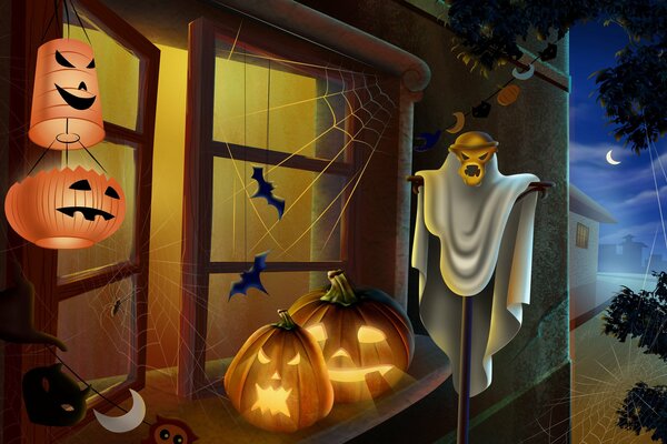 A night window decorated for Halloween