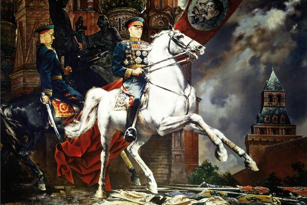 Ein Gemälde zu Ehren des Siegestages. Der Kreml, der Tempel des heiligen Basilius