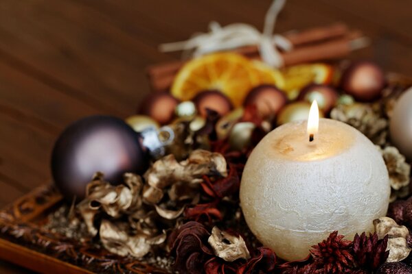 Candle and Christmas balls