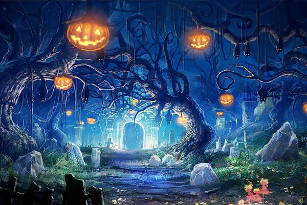 Art gloomy forest with pumpkins hanging from trees