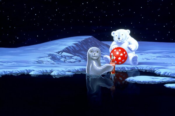 Дружба тюленя и белого медведя ночью